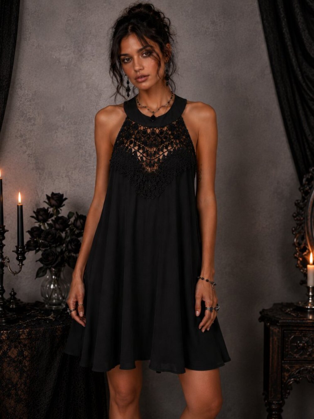 Boho‎ Black Halter Mini Dress M Crochet Lace Sleeveless Whimsigoth Fairy Grunge